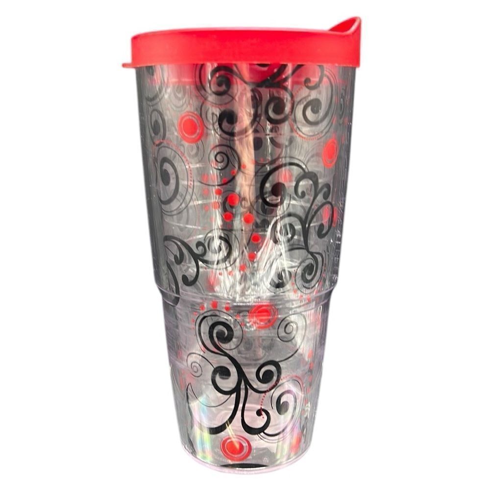 Tervis Tumbler 24oz Berry Swirlwind Clear Red Lid Hot or Cold Beverage Cup READ